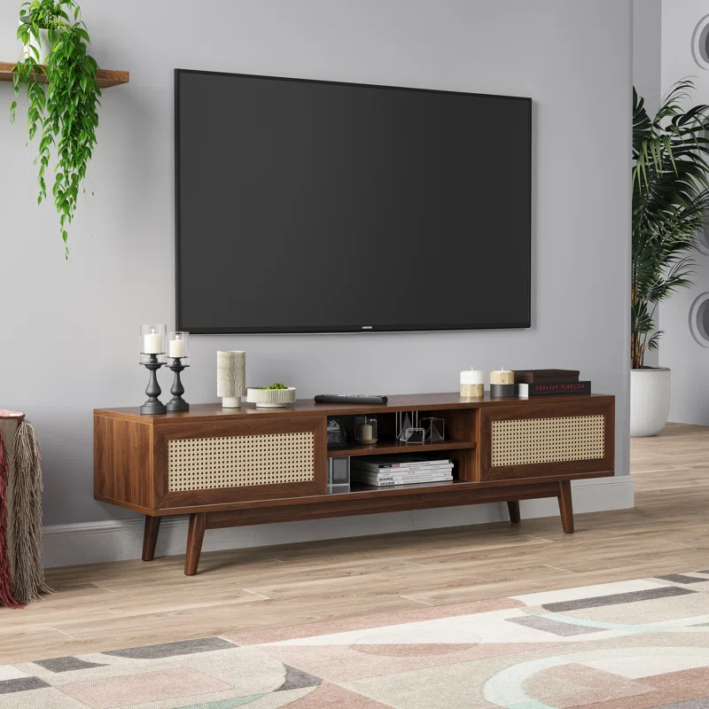 65_+Mid+Century+Modern+Tv+Stand+With+Sliding+Doors,+Black+Walnut (1)