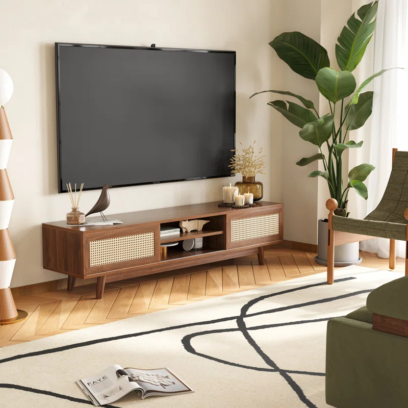65_+Mid+Century+Modern+Tv+Stand+With+Sliding+Doors,+Black+Walnut (3)