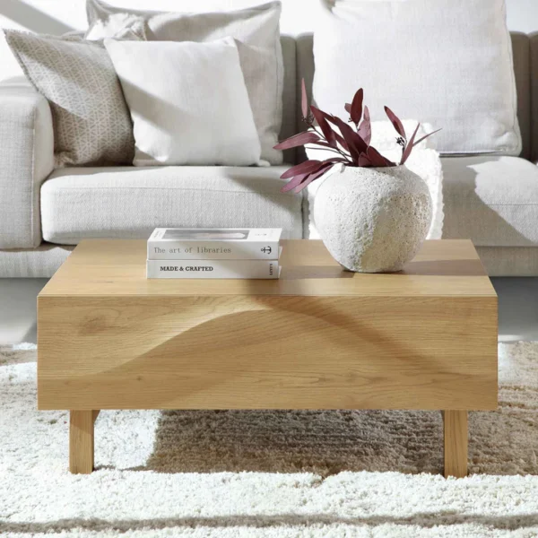 natural wood coffee table, drawer coffee table