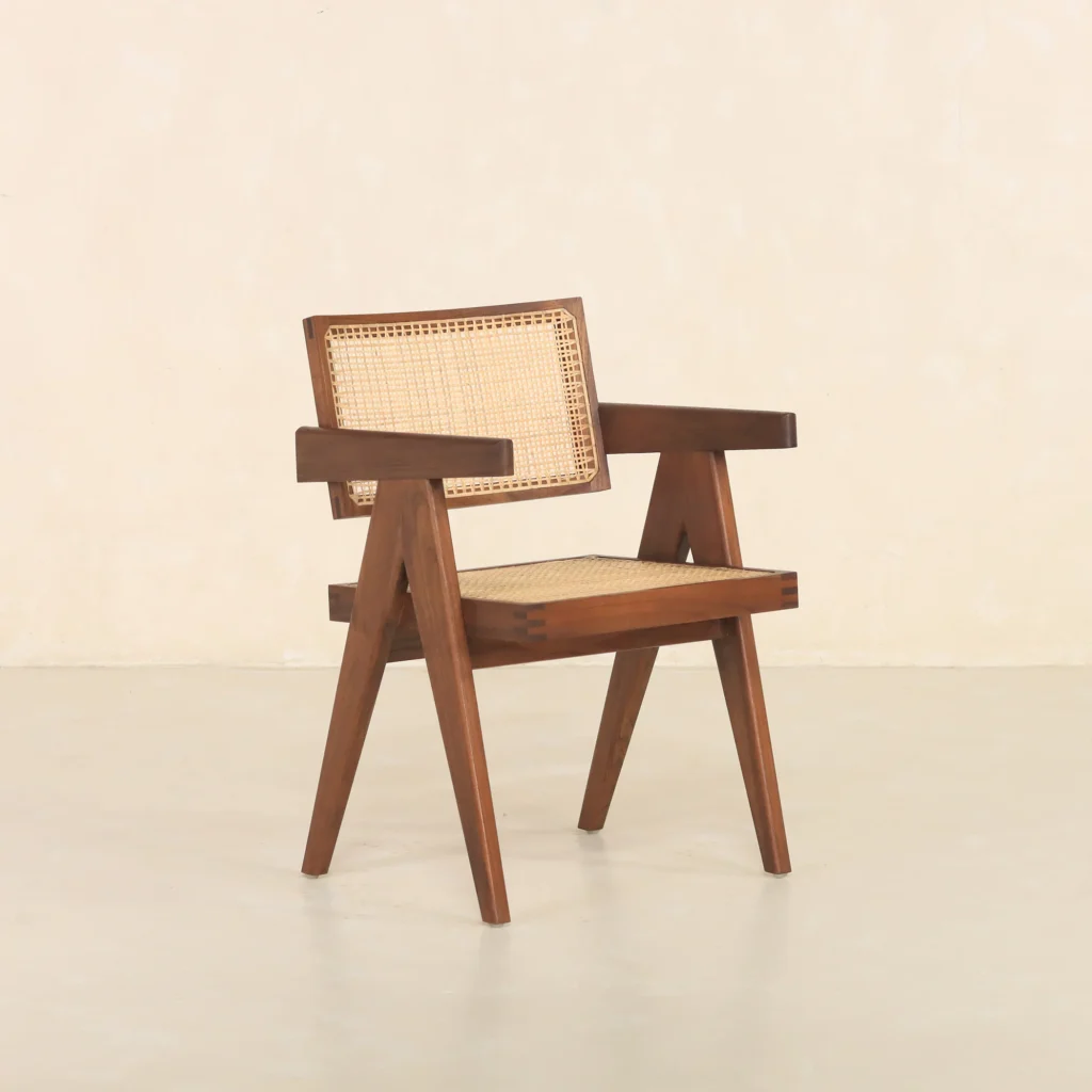 Dark Walnut Cane Rattan Dining Chair in Solid Wood - Viratra Art Decor