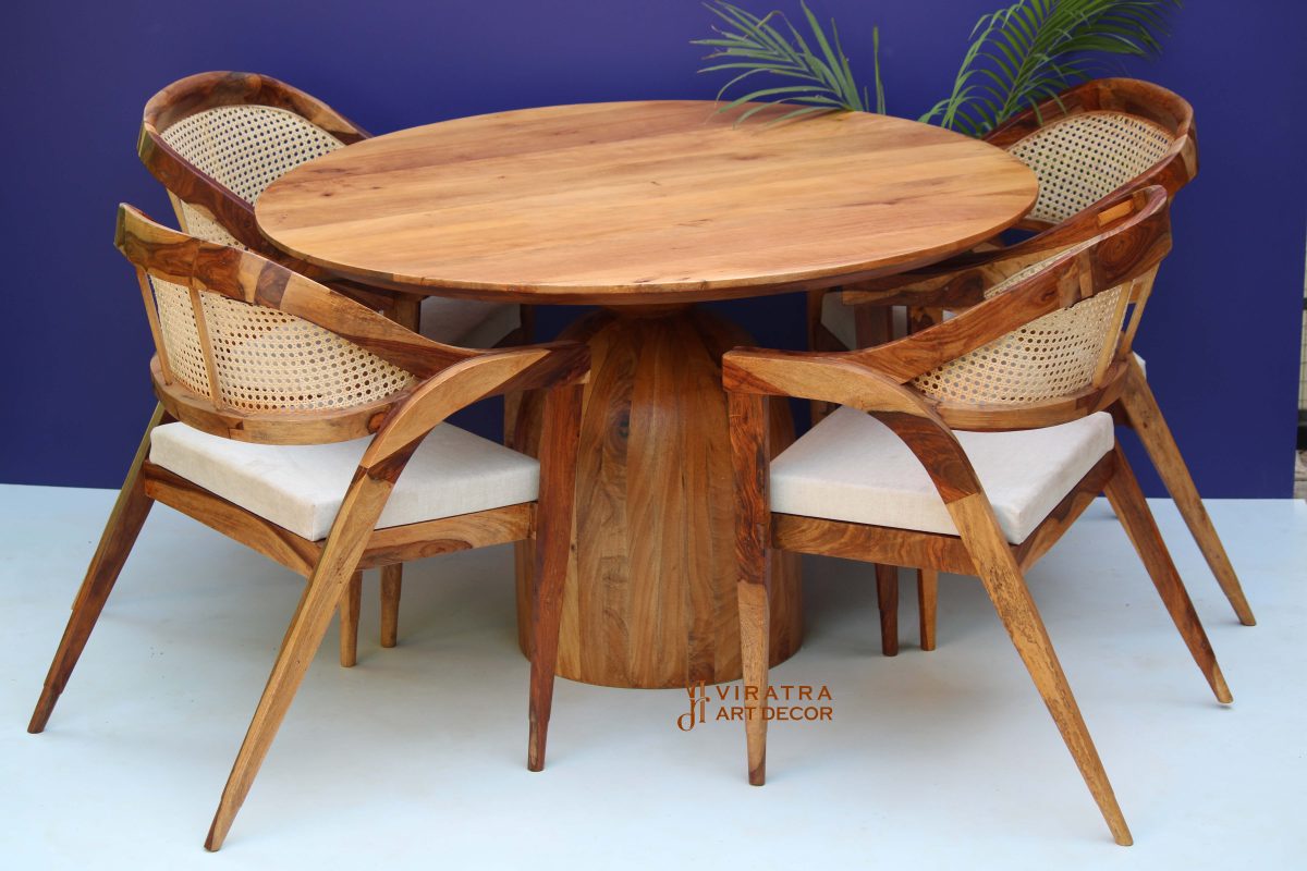 Wooden Sheesham Wood Round Dining Table With 4 Chair - Viratra Art Decor