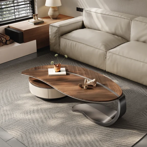 Mid-Century Modern Wood Leaf Shaped Coffee Table With 2 Drawer