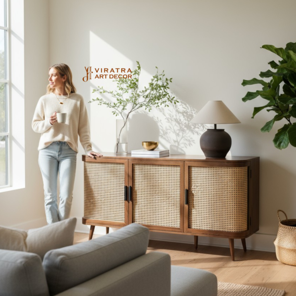 Curved Rattan Large 3-Door Sideboard, Walnut