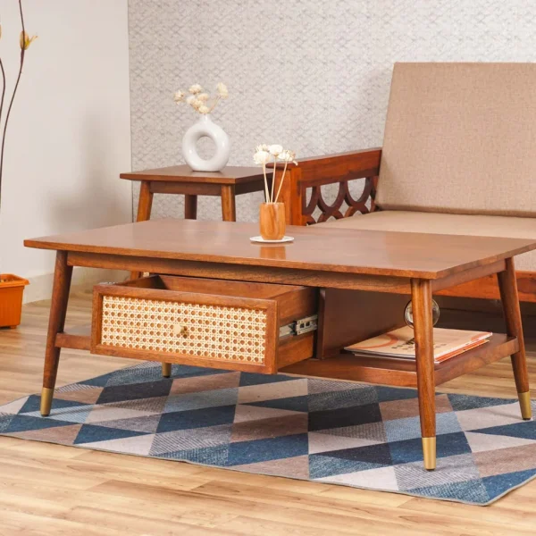 Solid Wood Rattan Cane One Drawer Coffee Table - Brown Finish