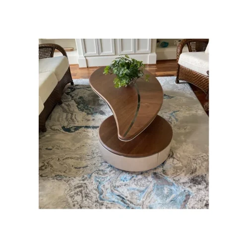 Click to view full screen Mid-Century Modern Wood Leaf Shaped Coffee Table With 2 Drawer photo review