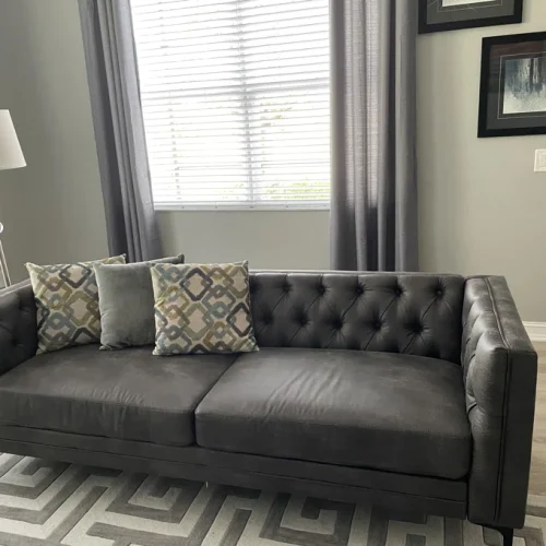 Click to view full screen Contemporary 84" Upholstered Button-tufted Sofa with Metal Legs photo review