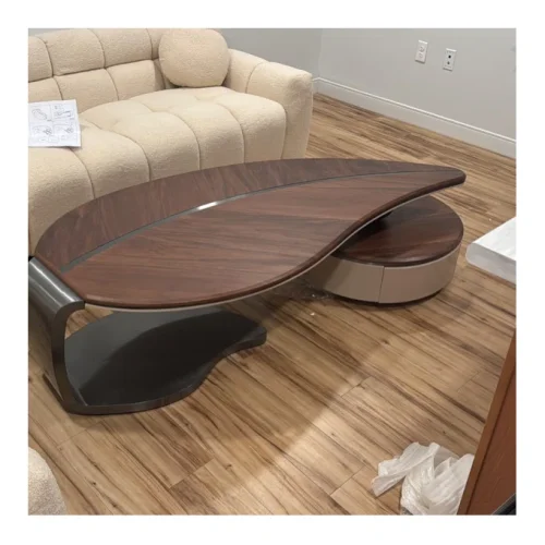 Click to view full screen Mid-Century Modern Wood Leaf Shaped Coffee Table With 2 Drawer photo review