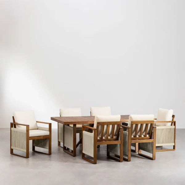 rectangular table set 200x100 cm and 6 dining chairs with armrests in acacia wood nayely (1)