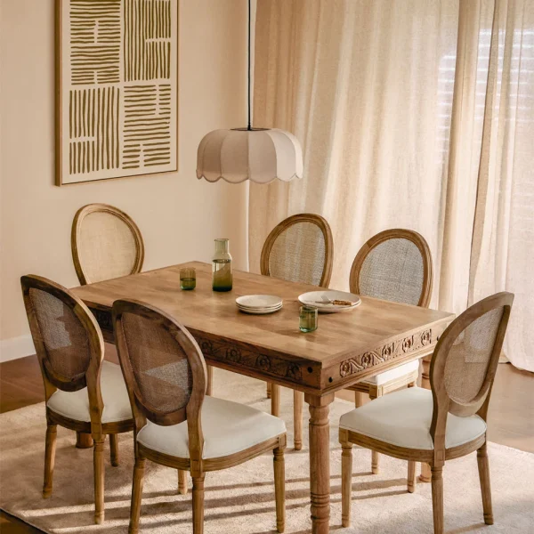 taraz rectangular table set in mango wood 160x90 cm and 6 sunna fabric dining chairs