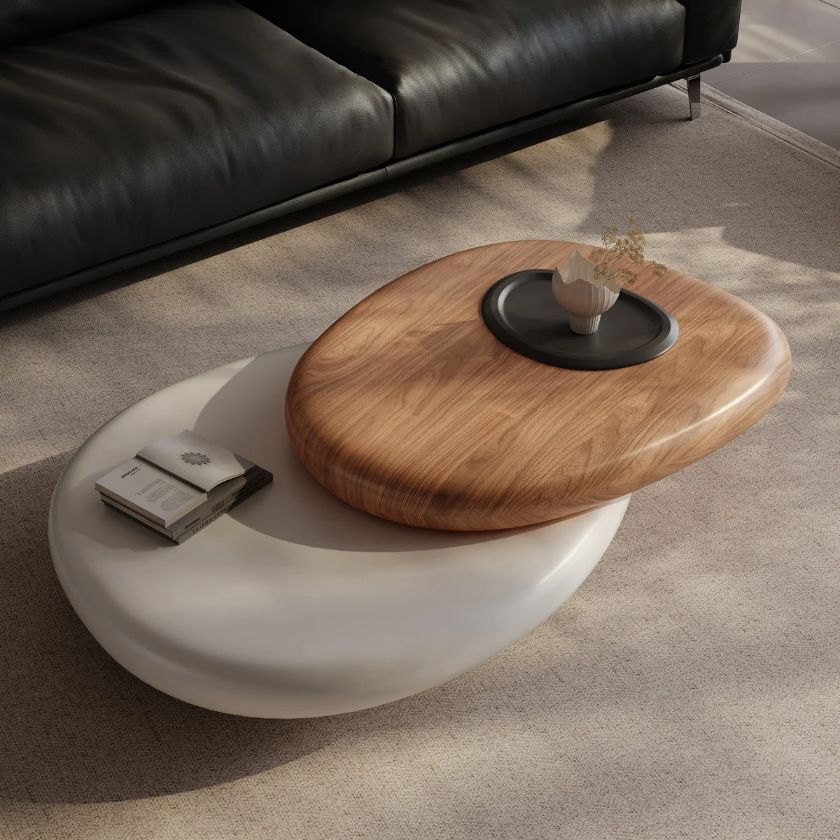 Alyson+Organic+Pebble+Low+Profile+Coffee+Table+with+Rotating+Walnut+Veneer+Top,+Dual-Tier+Asymmetrical+Center+Table+for+Living+Room Alyson+Organic+Pebble+Low+Profile+Coffee+Table+with+Rotating+Walnut+Veneer+Top,+Dual Tier+Asymmetrical+Center+Table+for+Living+Room