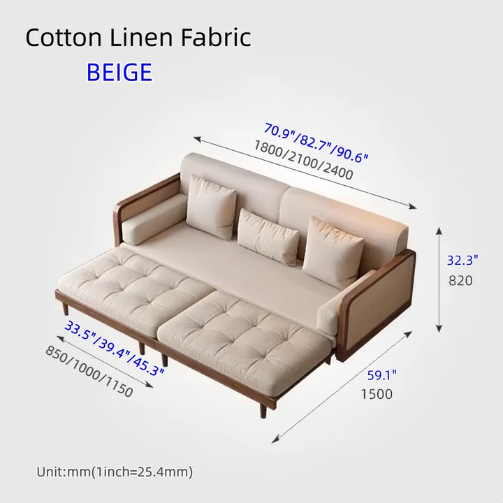Sofa Bed With Rattan Weaving Wooden Frame cotton linen beige size 720x