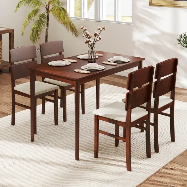 5+PCS+Dining+Table+Set+for+4+Farmhouse+Wooden+Table+&+4+Upholstered+Chairs (3)
