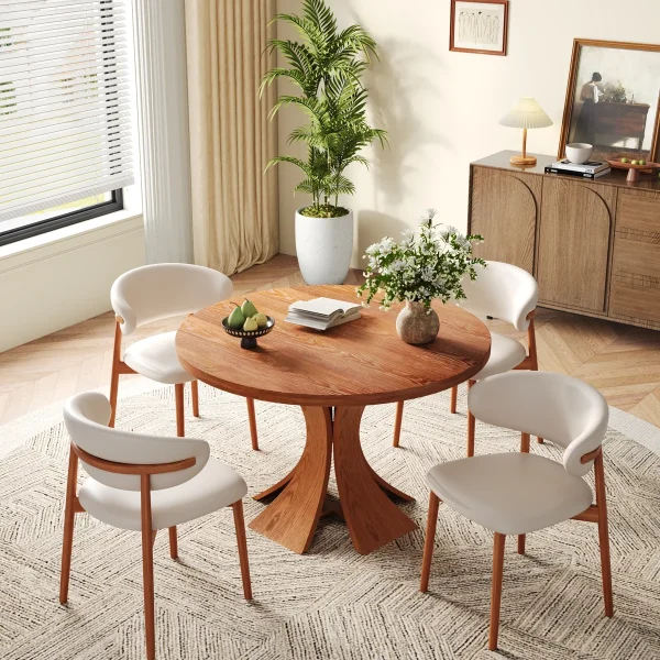 5+Pcs+Mid Century+Solid+Wood+Round+Dining+Table+Sets+With+Sturdy+Iron+Kitchen+Chairs+For+2 6 957289321 957289325