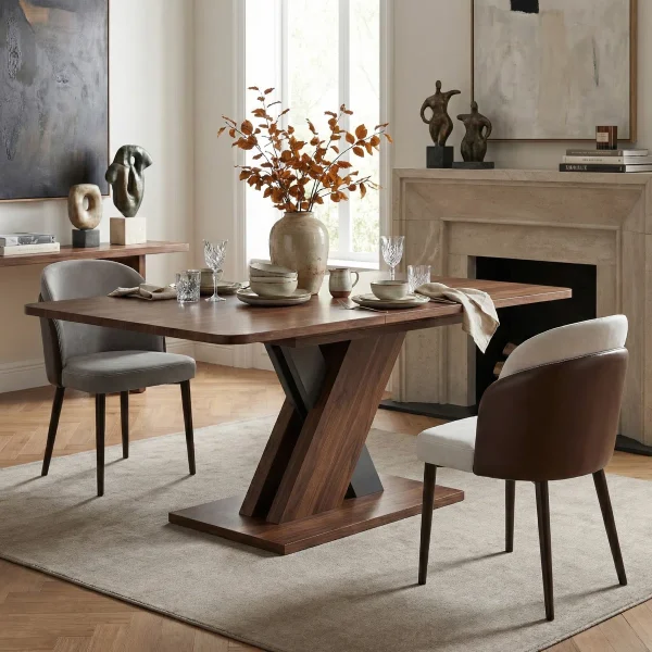 71+Inch+Modern+Extendable+Dining+Table,+Staggered+X Shaped+Metal+Base,+Woodgrain+Melamine+Finish,+Seats+6+to+8,+Versatile+for+Kitchen+or+Dining+Room