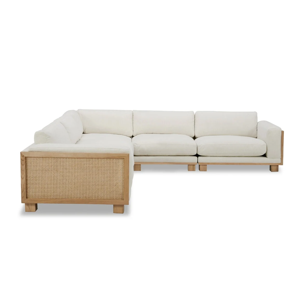 ADOUER WOOD Sectional sofa with wicker armrests on a white background
