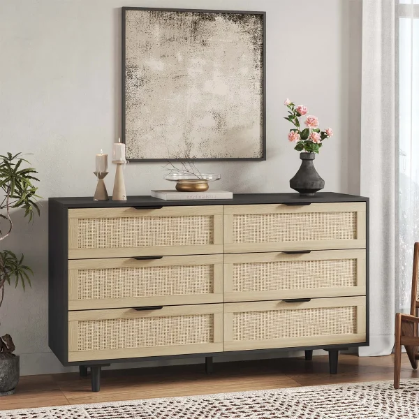 Aimara+51 +Rattan+6+Drawer+Dresser+for+Bedroom,+Boho+Wood+Dresser+with+Gold+Handles+&+Wood+Legs 1281758491