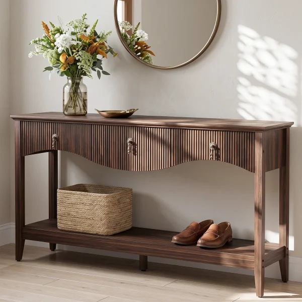 Avenall+63 +Farmhouse+Console+Table+with+3+Fluted+Curved+Drawers+&+Open+Storage+Shelf,+Rustic+Entryway+Sofa+Table+with+Metal+Hardware+for+Living+Room,+Walnut 1552188437 (5)