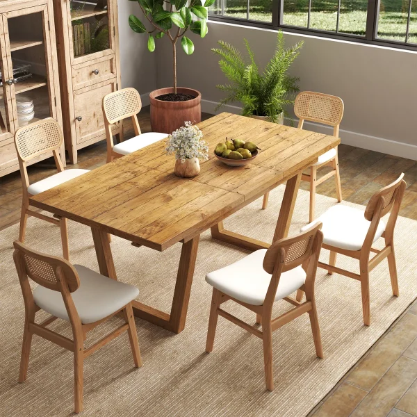 Farmhouse+Dining+Table+Set,+Solid+Wood+Extendable+Dining+Table+And+Rattan+Back+Dining+Chair+For+Dining+Room Kitchen Living+Room 324751888 324751895 (1)