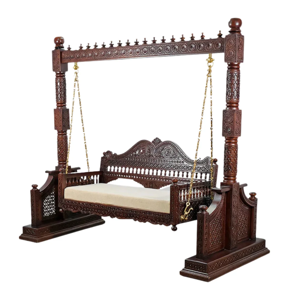 Handcrafted Solid Wood Jhula with Carved Pillars For Living Room 1