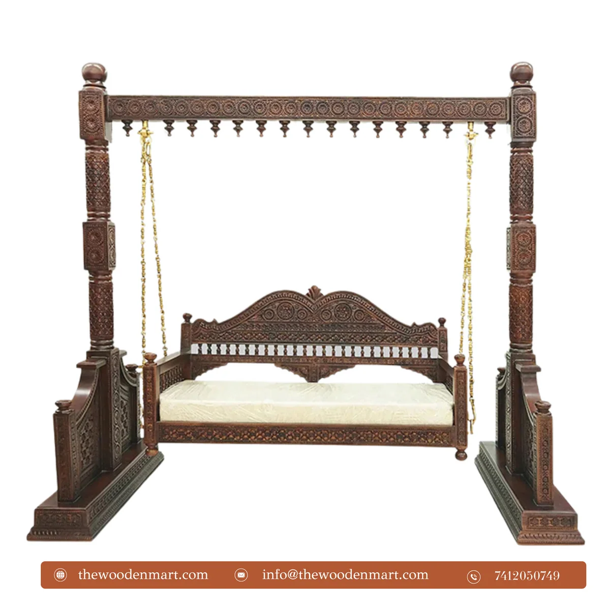 Handcrafted Solid Wood Jhula with Carved Pillars For Living Room 2