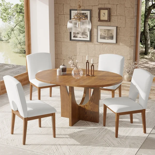 Modern+5 Piece+Walnut+Extendable+Round+Dining+Set+with+16.2 +Leaf+for+Small+Spaces