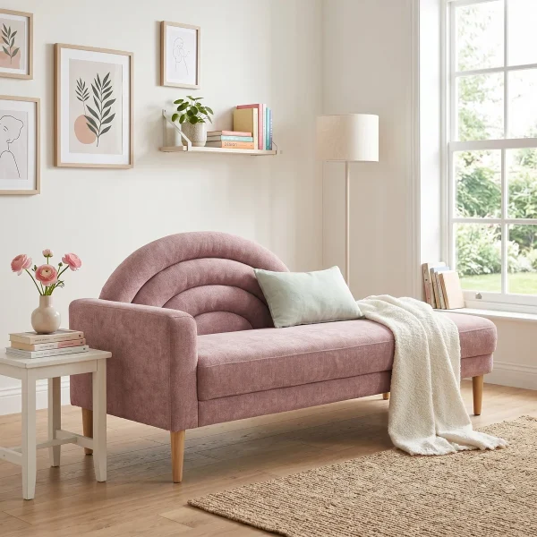 Modern+Rainbow Inspired+Curved+Backrest+Chaise+Lounge+with+Tapered+Wood+Legs,+Pink+Linen 1076173662