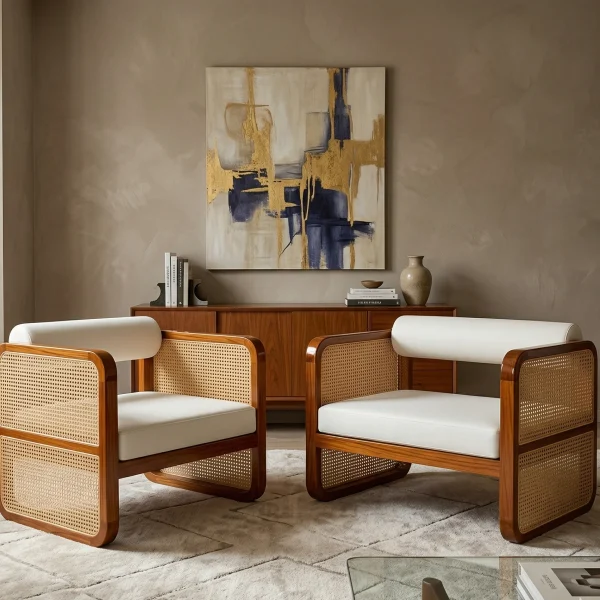 Two wooden chairs with wicker backrests and white cushions