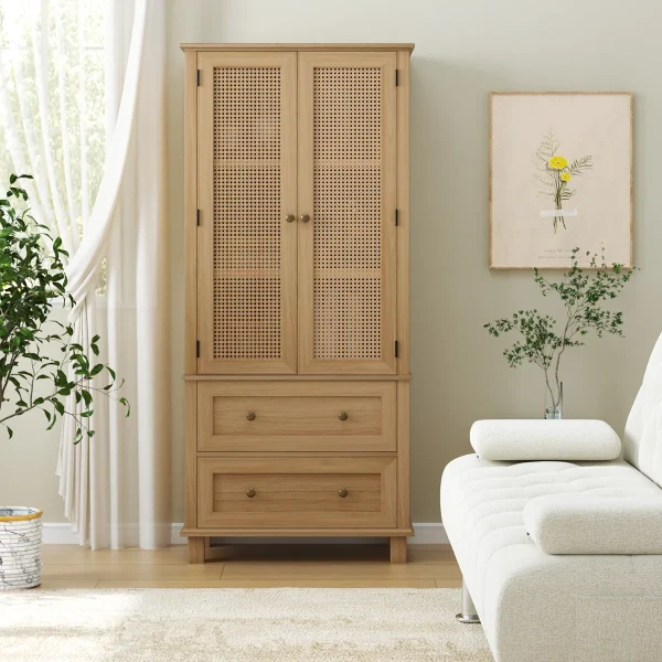 Wooden+Accent+Cabinets+with+Cabinet+and+2+Drawers,+Tall+Rectangle+Locker+With+Faux+Rattan+And+Faux+Solid+Wood+Surface,+Mid Century+Modern+White+or+Farmhouse 87984382
